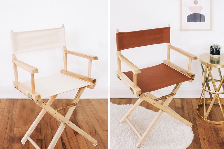 before and after pictures of a director's chair with worn panels and with a brand-new faux leather seat and back