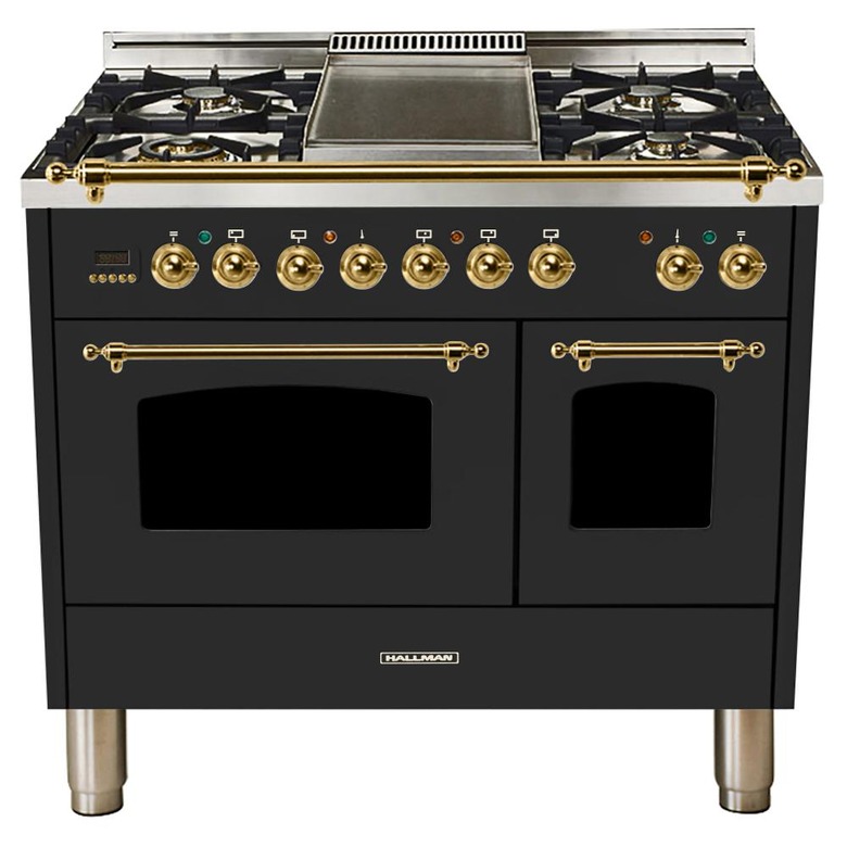 Double oven stove in black with brass hardware