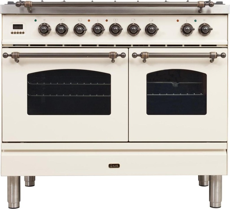 Double oven stove with vintage-inspired details in cream
