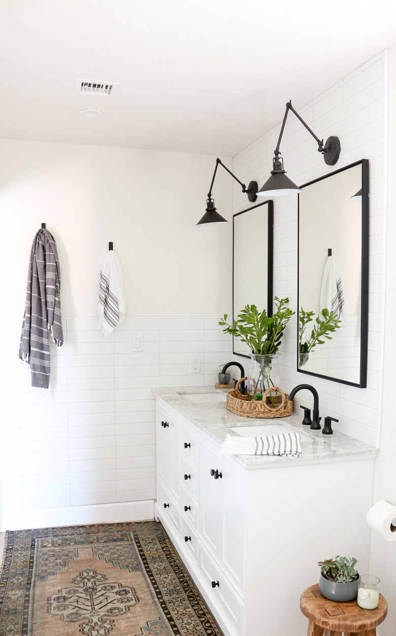 Double bathroom vanity in black and white modern farmhouse bathroom