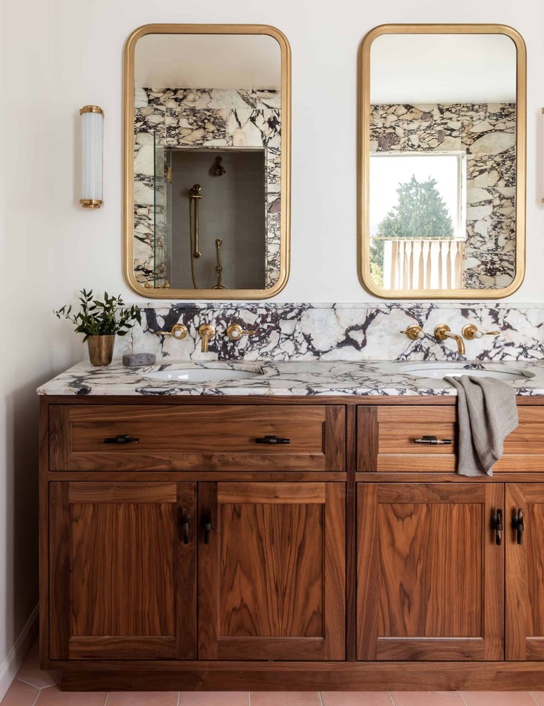 double vanity with purple marble countertop