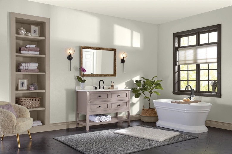 A bathroom with beige walls