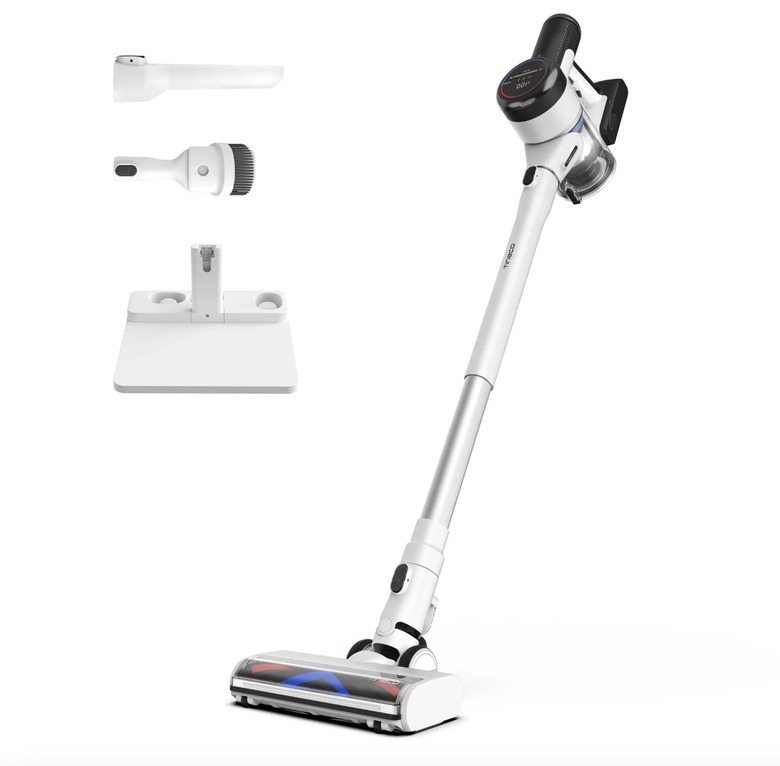 Tineco white Pure One S15 Essentials Smart Cordless Stick Vacuum Cleaner with two heads and a charging dock against a white backdrop