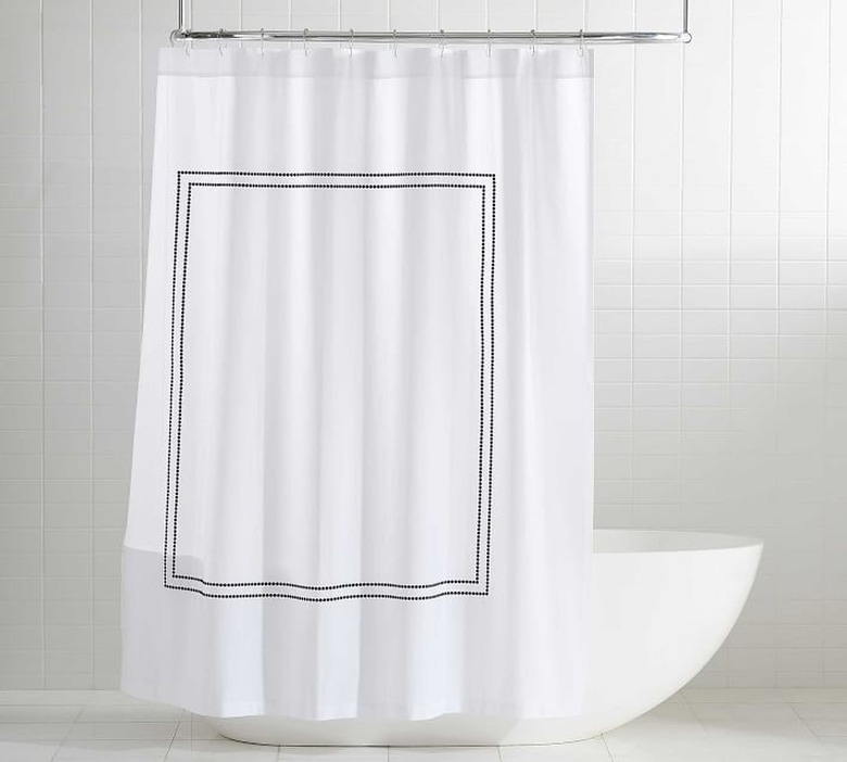 Simple white eco-friendly shower curtain with square design in white bathroom