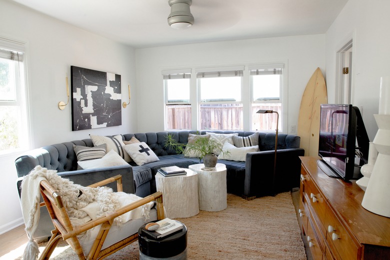 The vintage couch in the living room.