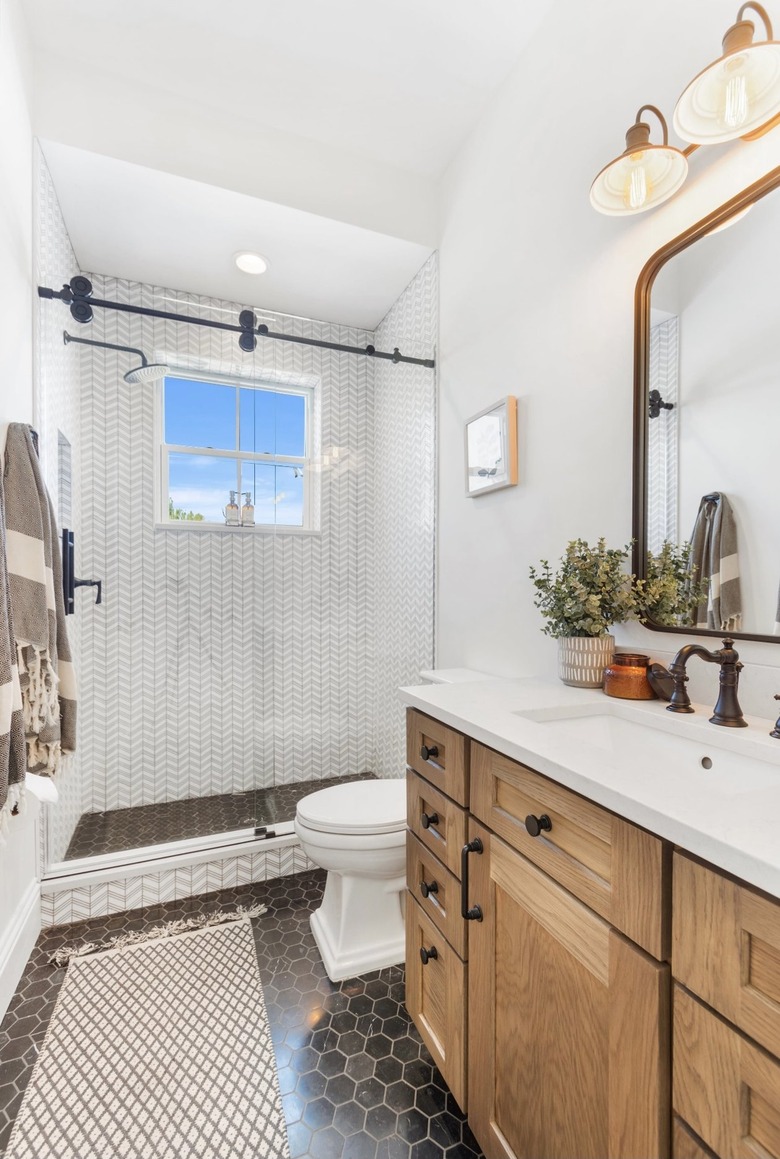 modern farmhouse bathroom idea with wooden vanity