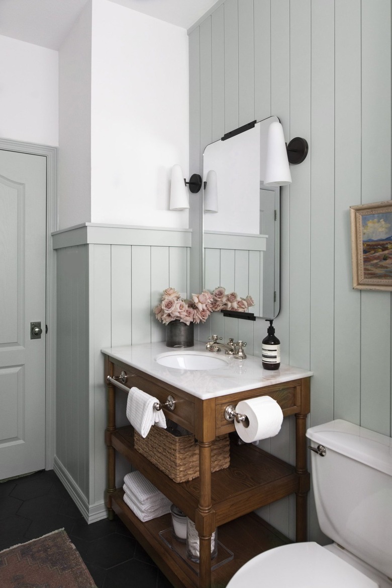 seafoam green farmhouse bathroom idea with upcycled vanity