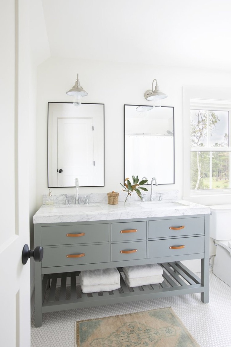 modern farmhouse bathroom idea with polished chrome barn lights
