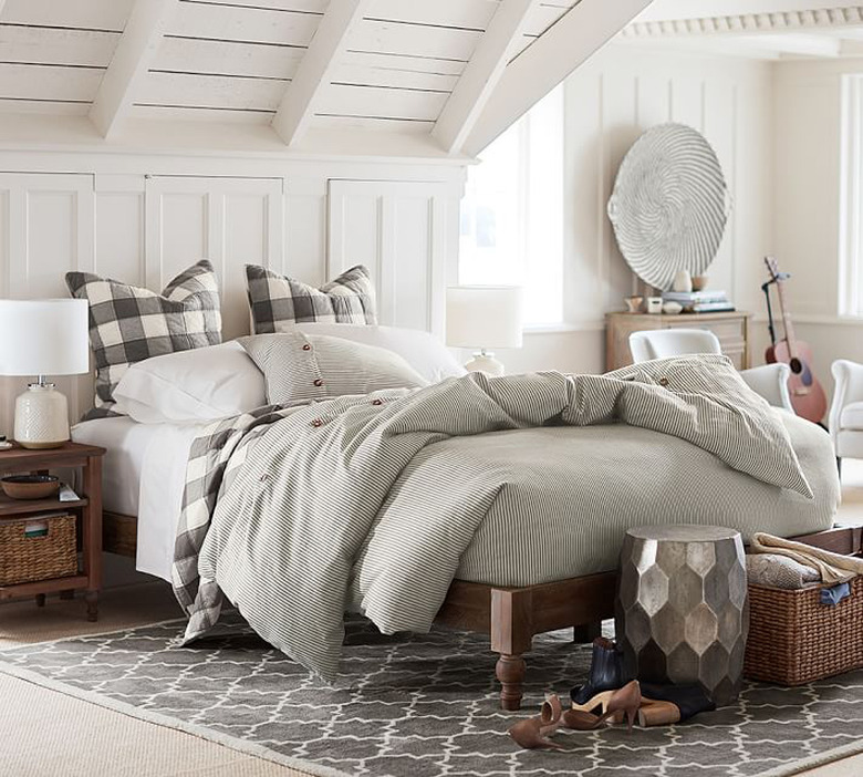 farmhouse bedding idea with Wheaton Stripe Cotton Linen Blend from Pottery Barn