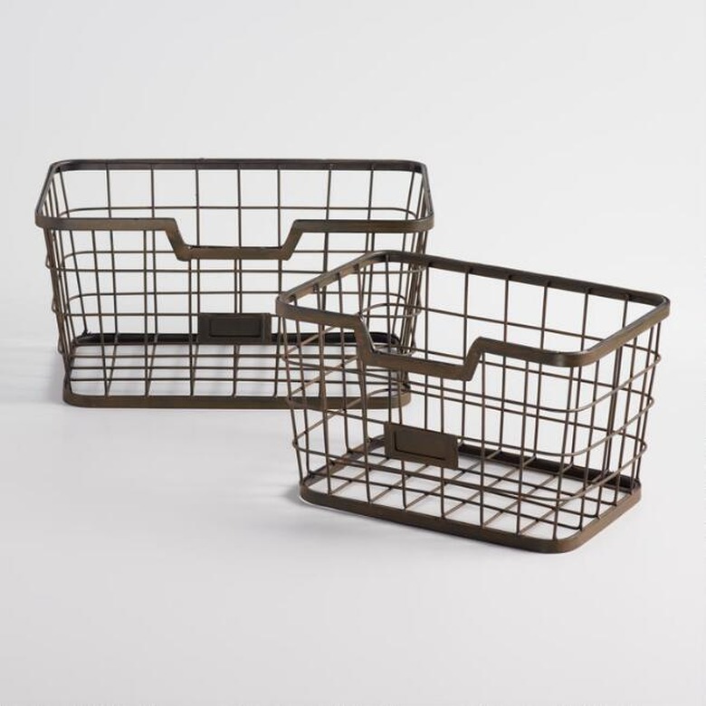 World Market farmhouse decor with wire baskets for storage