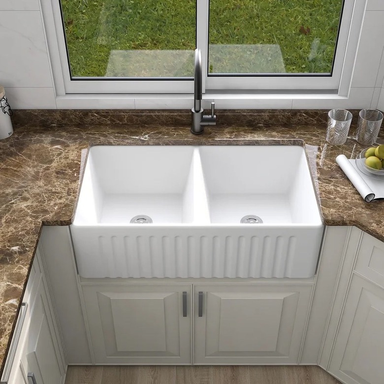 Double basin white textured farmhouse sink