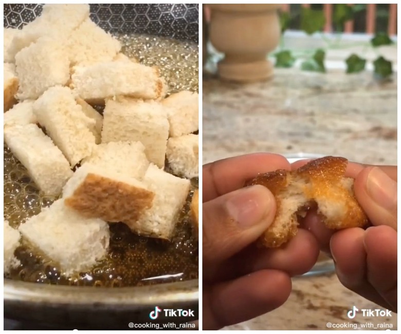 On the left is bread squares in a pan filled with melted sugar. On the right is a hand breaking apart the caramel popcorn bread.
