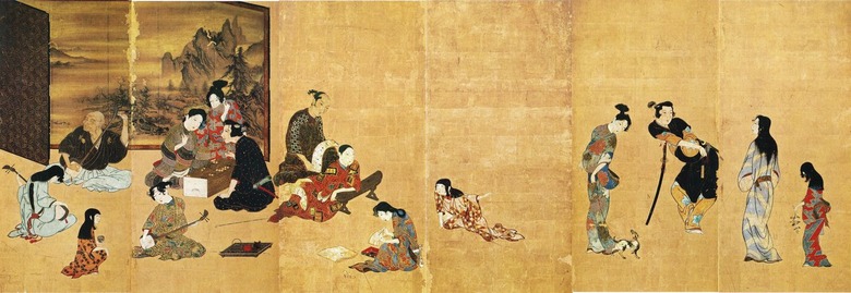 This six-section folding screen byōbu features color on paper with gold leaf background. It was formerly held by the Ii family