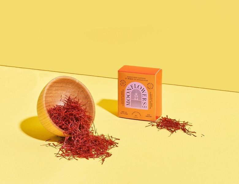 Moonflower Saffron Threads in bowl near orange box