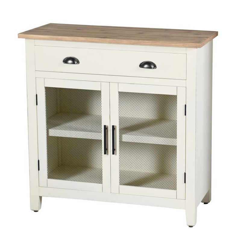 farmhouse white and natural freestanding kitchen cabinet with shelf