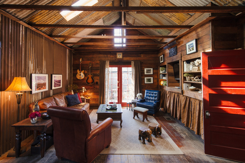 Living room shot with corrugated walls