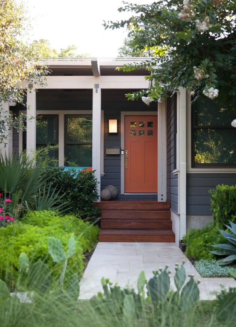 orange front door color with gray siding
