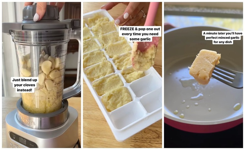 On the left is garlic cloves being blended with olive oil on a wooden countertop. On the left is a garlic paste being added to a white ice cube tray. On the left is a fork in one of the frozen garlic cubes being held over a hot skillet with a little water.