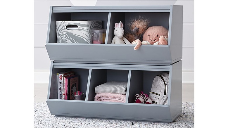 gray stackable storage boxes