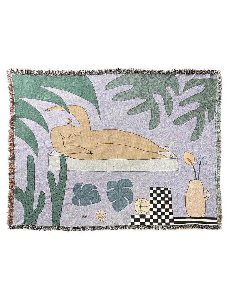 blanket with purple background and illustrated design