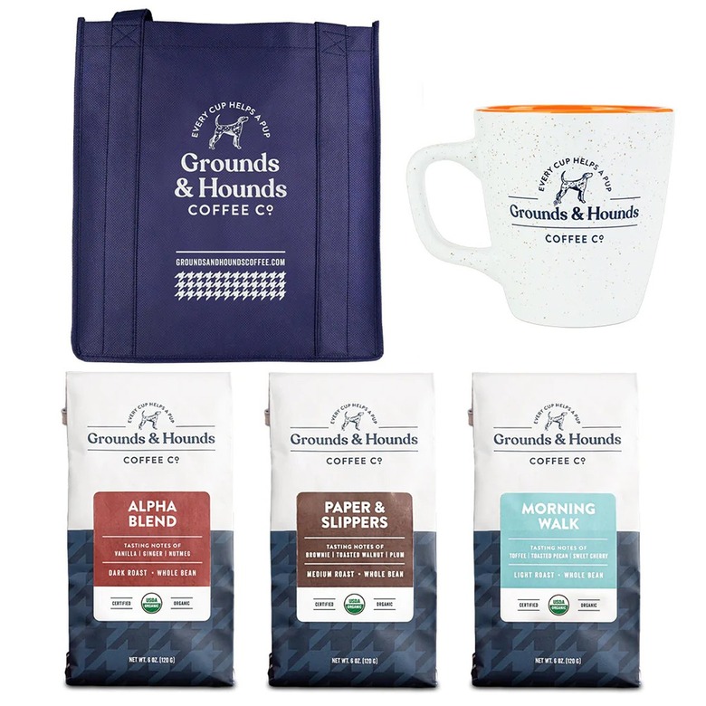 Various items from Grounds & Hounds Coffee Co. including a navy tote bag