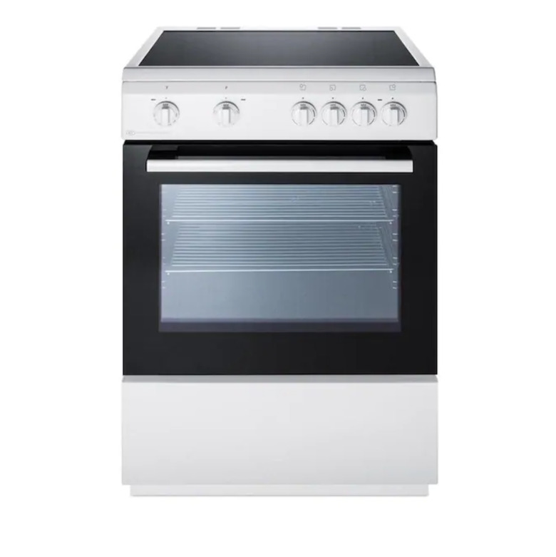Stainless steel and black glass top electric stove with knobs and smooth cooktop