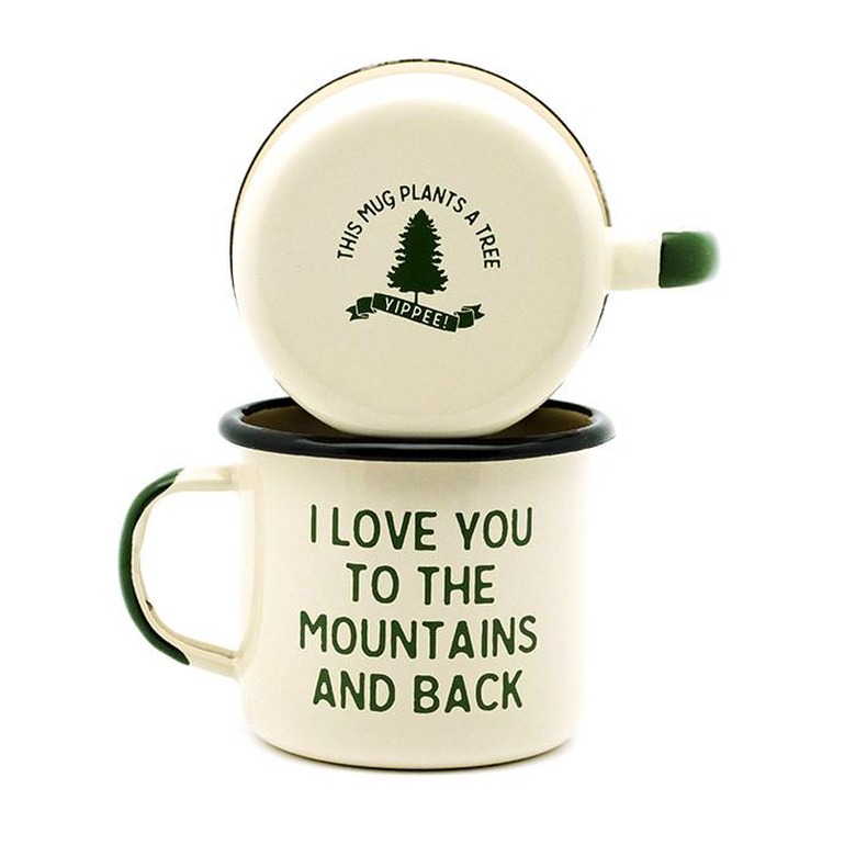 Two cream and forest green mugs that say I Love You to the Mountains and Back
