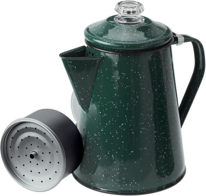 A white-speckled green percolator.