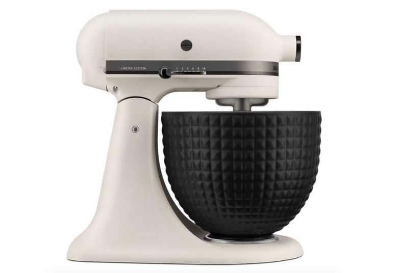 kitchenaid stand mixer in white with black studded bowl