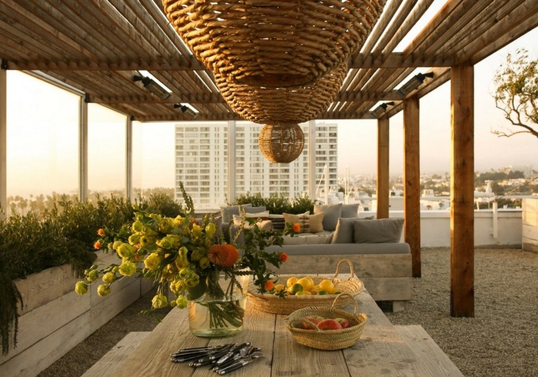 gravel patio with distant city scape
