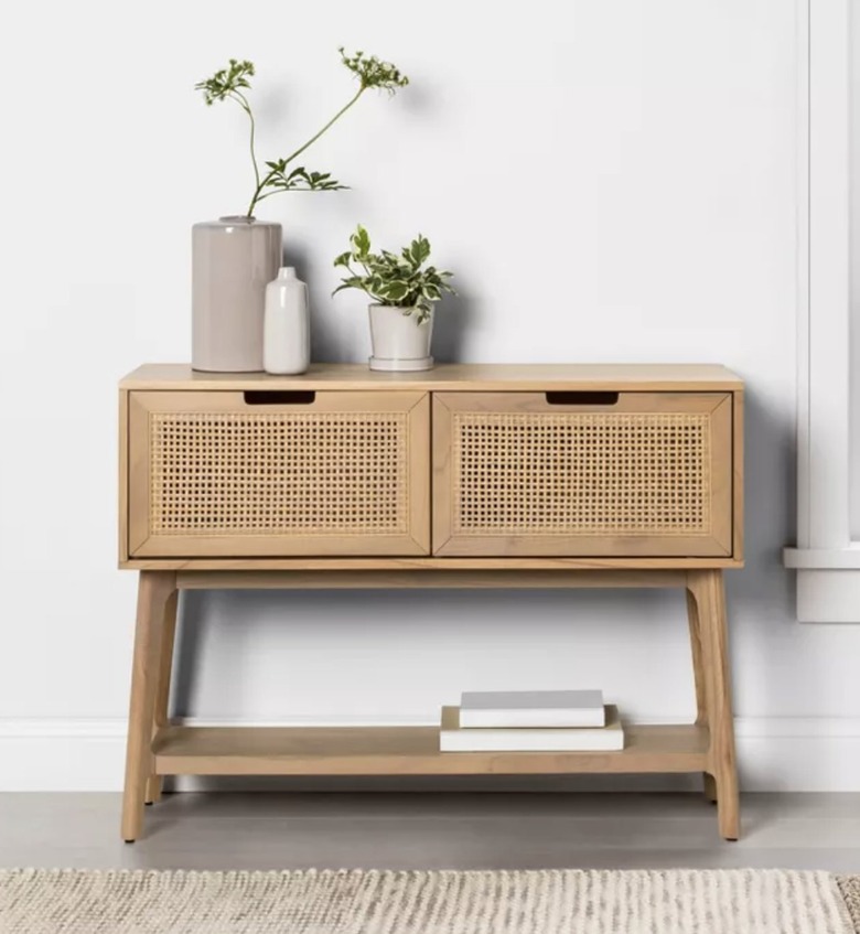 Wood & Cane Console Table with Pull-Down Drawers