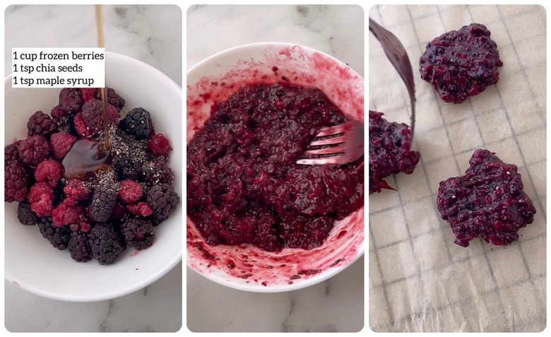 Three images: The first is a white bowl on a marble counter filled with frozen mixed berries