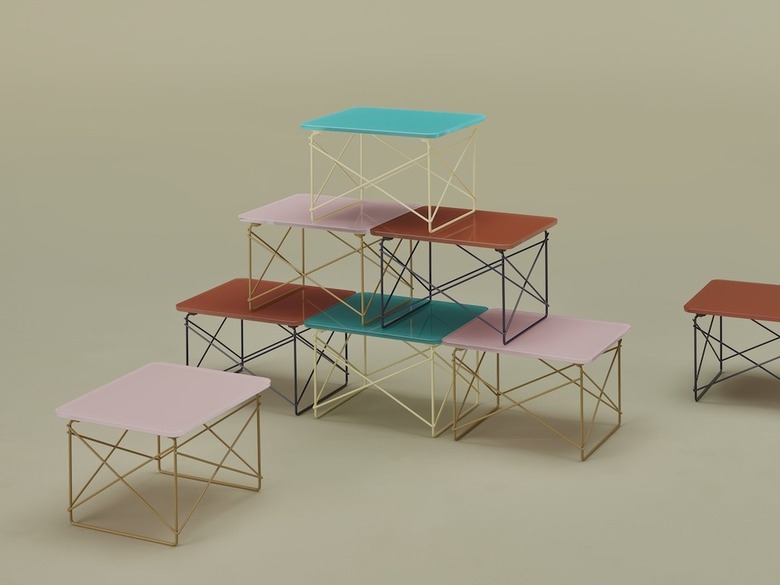 Side tables with wire legs stacked on top of each other in the colors teal