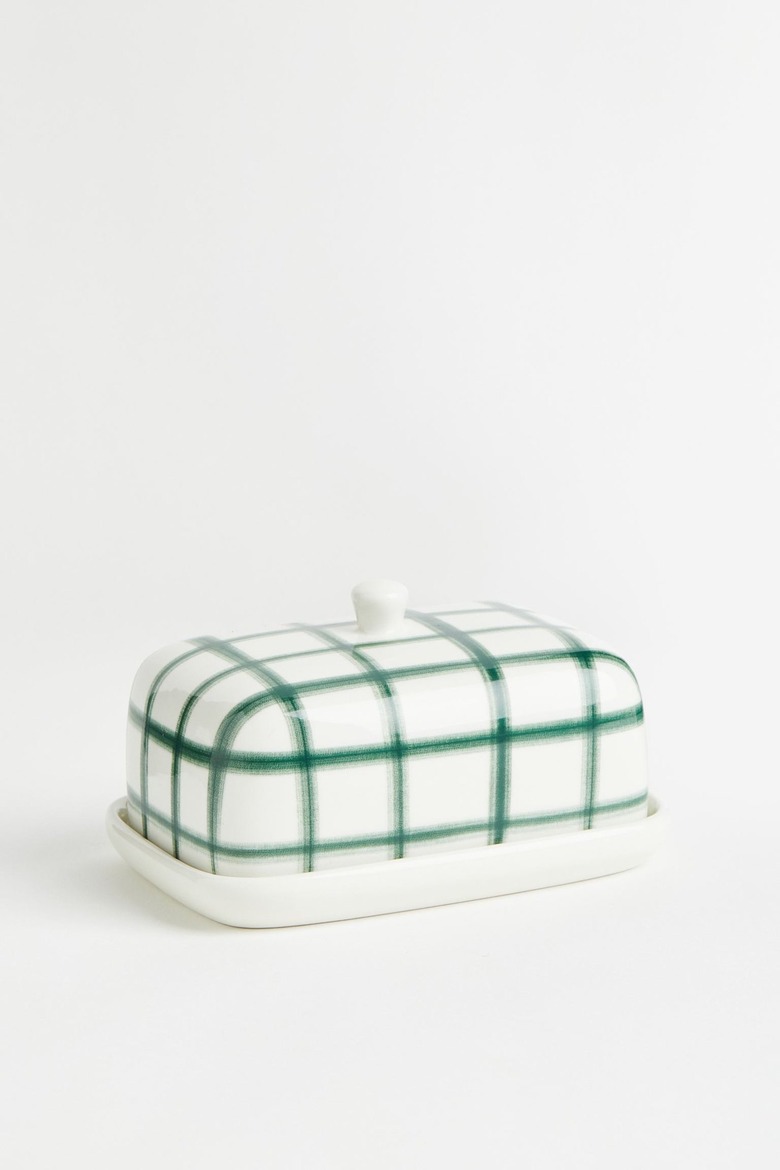 Porcelain windowpane green butter dish
