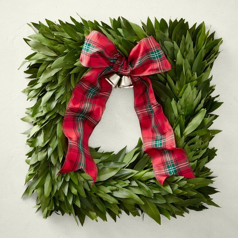 Bay Leaf Square Wreath with Tartan Ribbon
