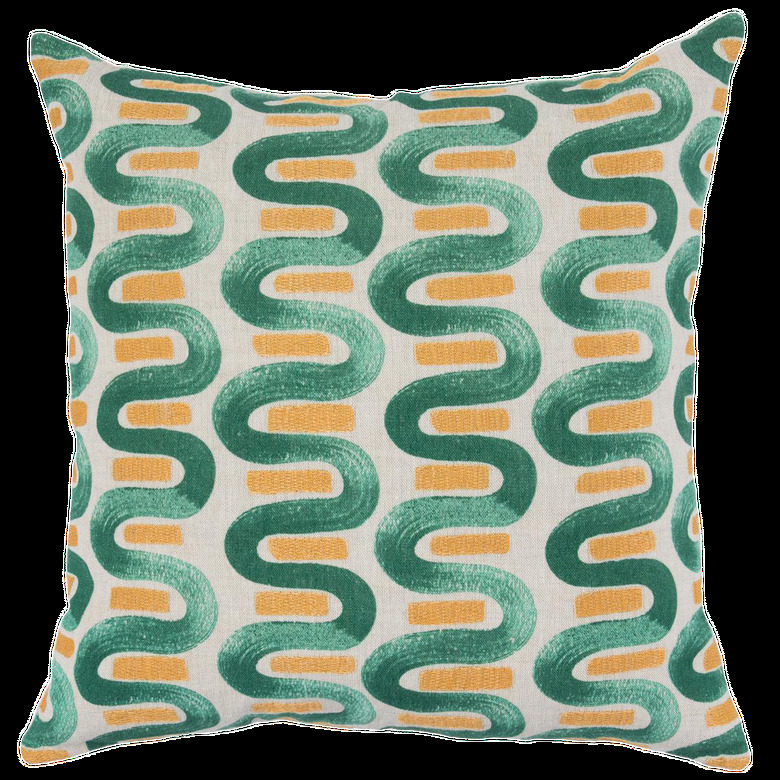 green and yellow swirl patterned pillow Hollywood Regency accessory from Chairish