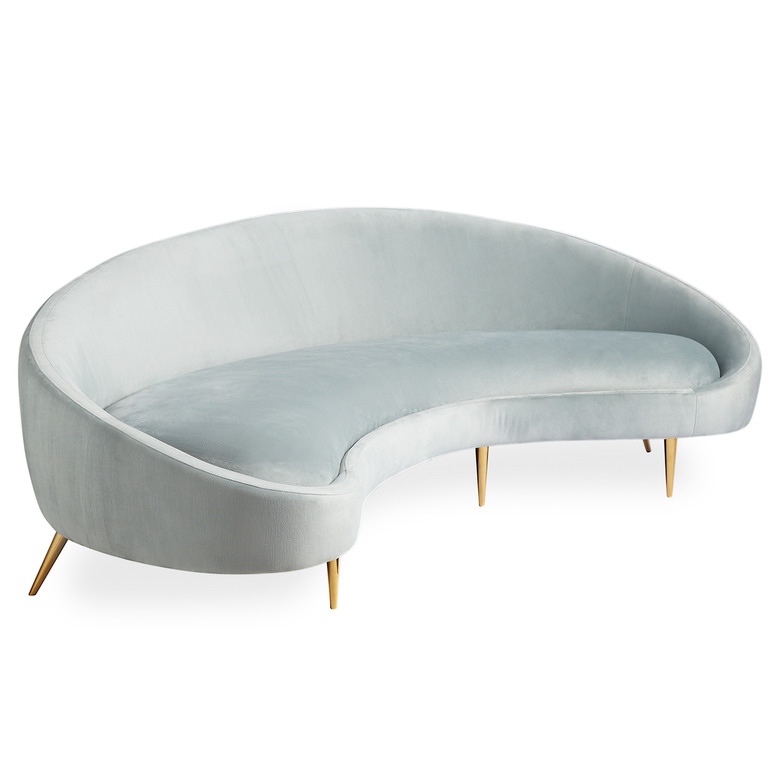 Hollywood Regency furniture Jonathan Adler curved blue velvet sofa