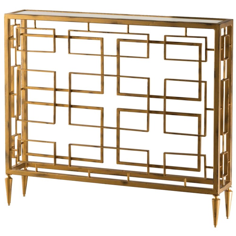 Hollywood Regency furniture console table with geometric brass detailing and glass top