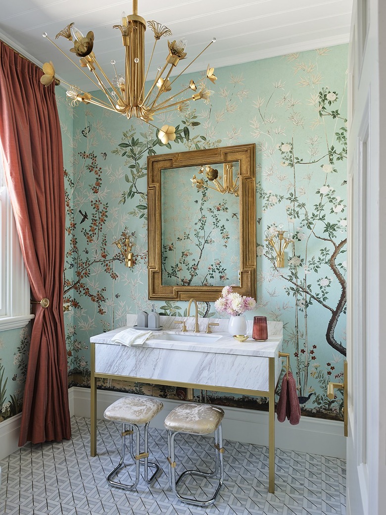 Hollywood regency bathroom with Chinoiserie wallpaper mural