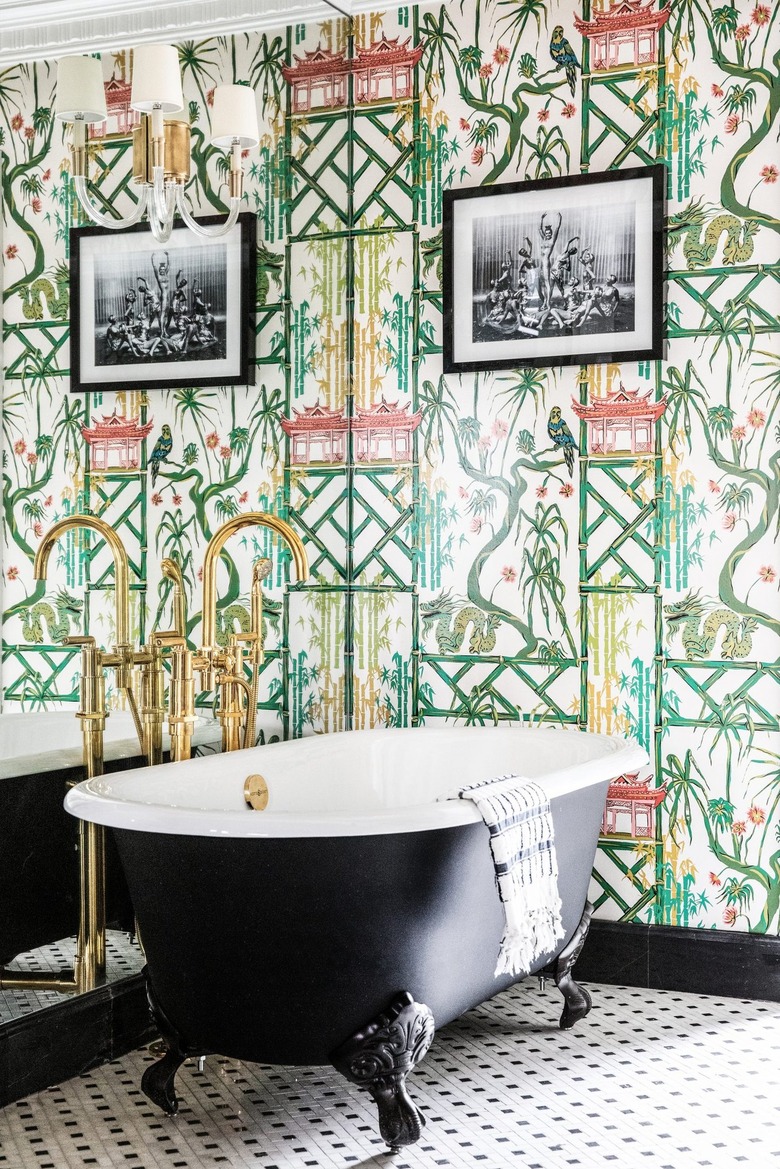 Hollywood regency bathroom with Chinoiserie bamboo pastel wallpaper