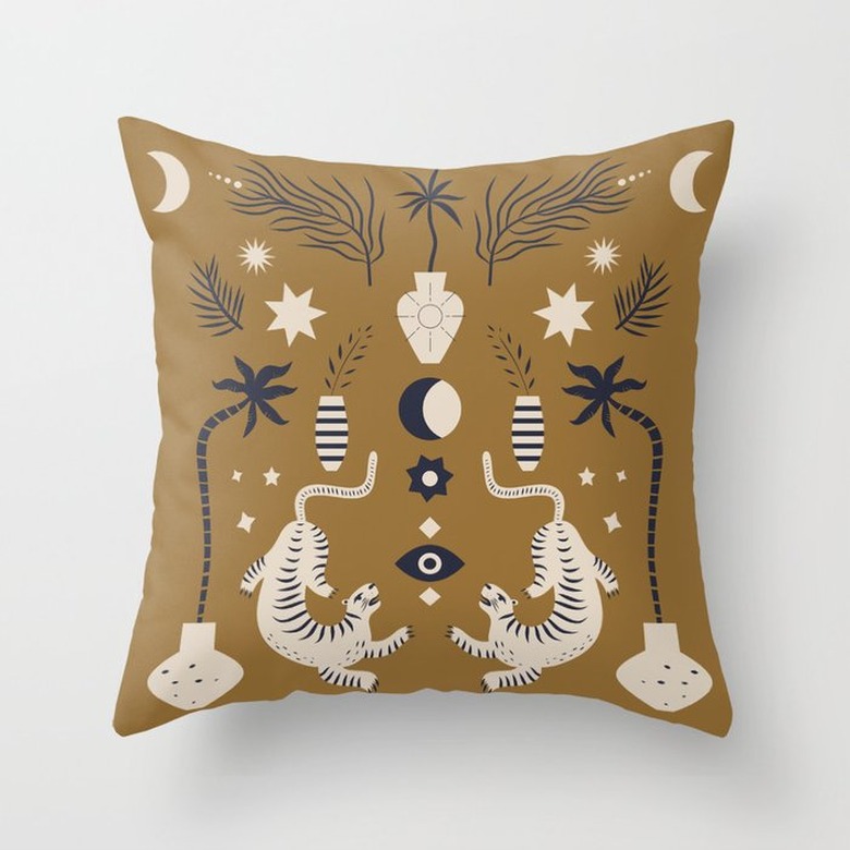 Illustrated tan throw pillow with tigers