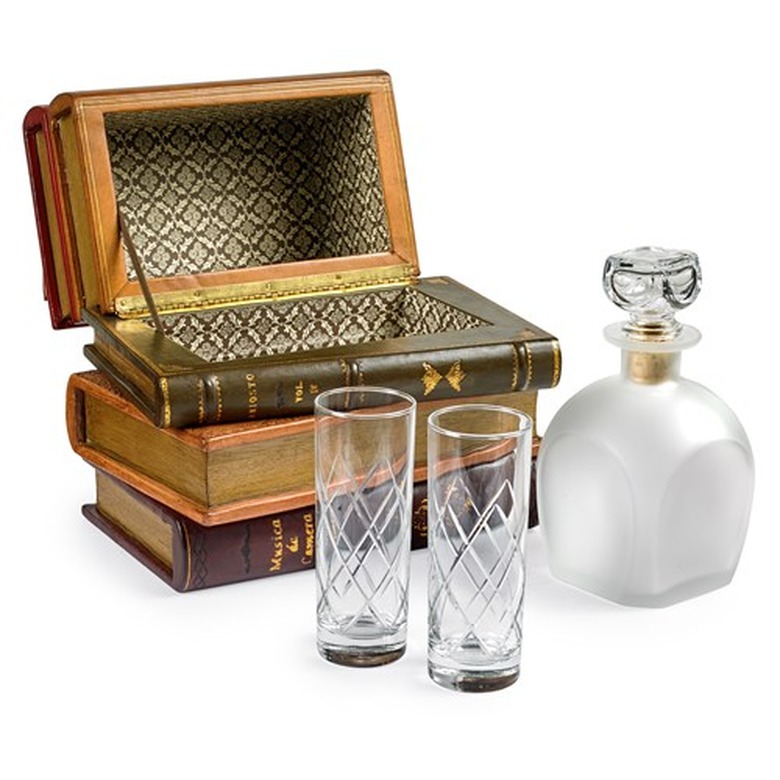 Leather Books Spines Box with Decanter & Glasses
