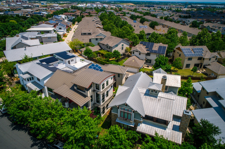 Neighborhood with solar panel rooftops