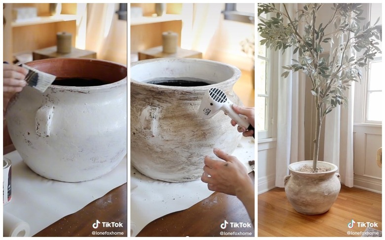 Left is a hand painting a brown planter white. Middle is a hand using a head gun on a white