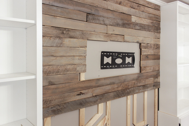 Half-way completed pallet accent wall