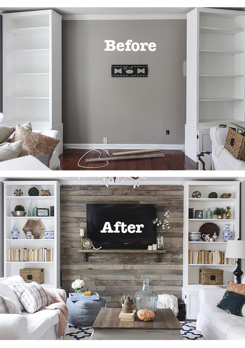 Before and after of pallet accent wall