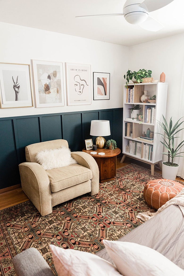 Living room with a blue board and batten wall