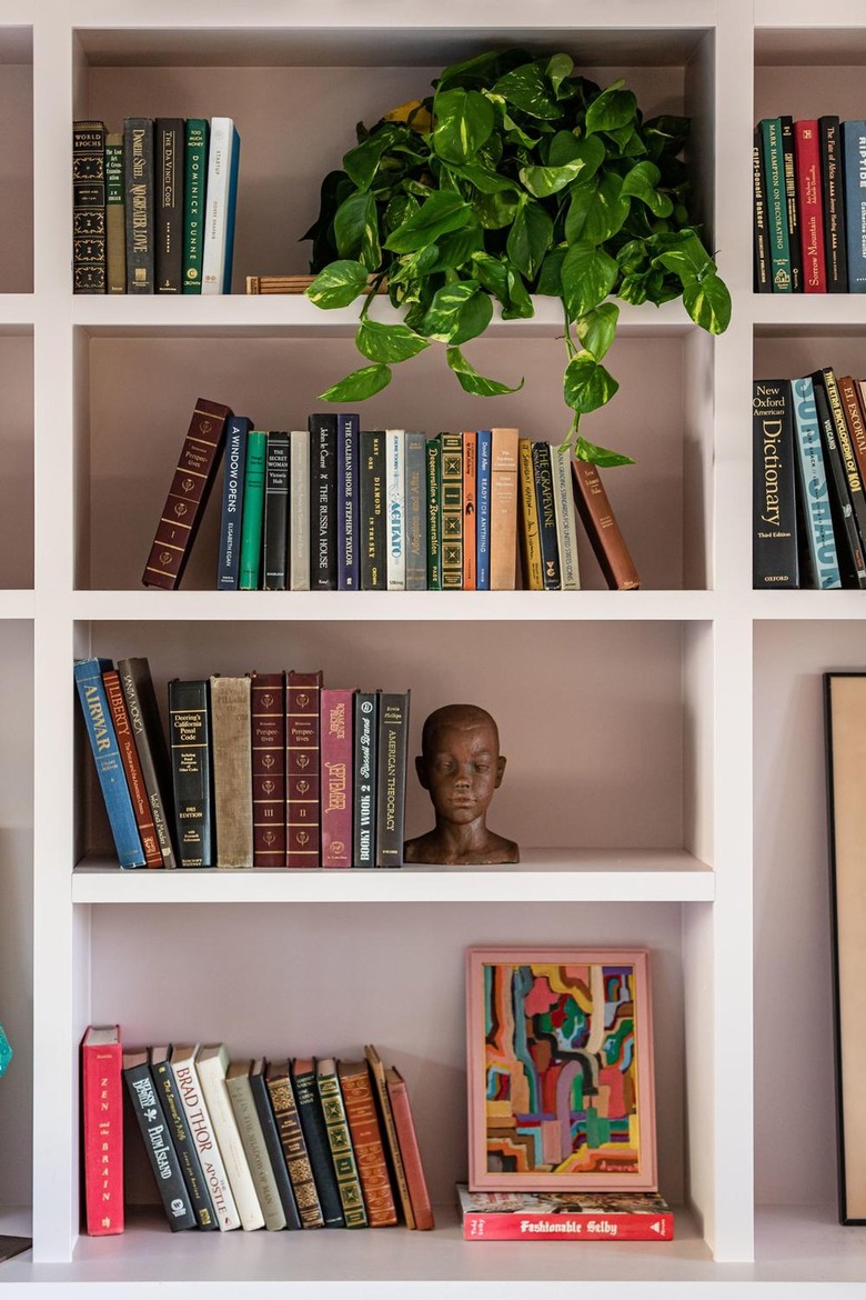 muted pink shelving with books
