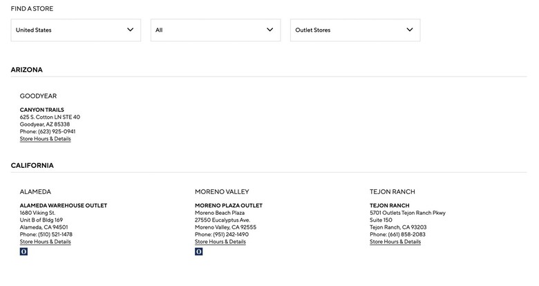 screenshot of pottery barn store locator