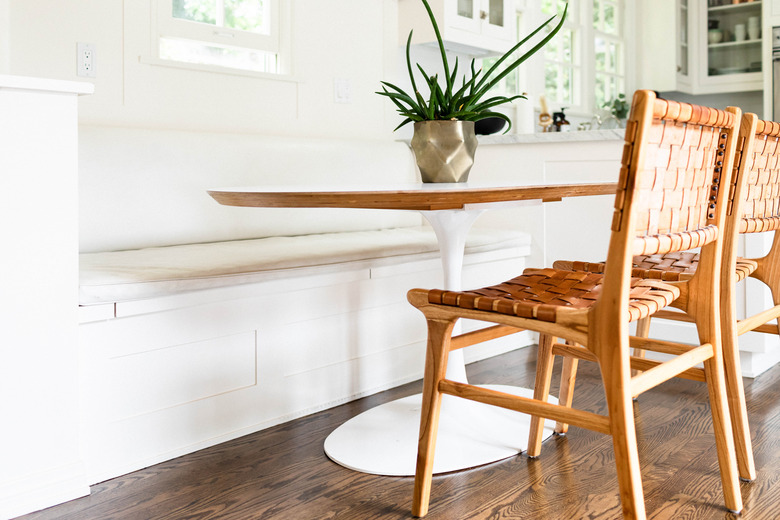 kitchenette with wicker chairs and hardwood floors